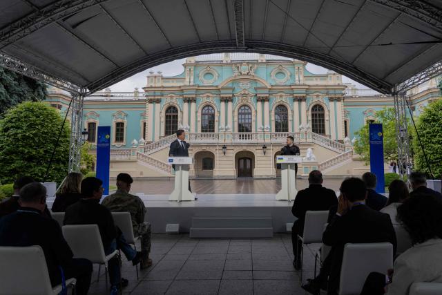 Ukraine's President Volodymyr Zelensky (R) and NATO Secretary General Mark Rutte (L) address media representatives at a press conference in Kyiv on June 3, 2026, amid the Russian invasion of Ukraine. (Photo by Tetiana DZHAFAROVA / AFP)