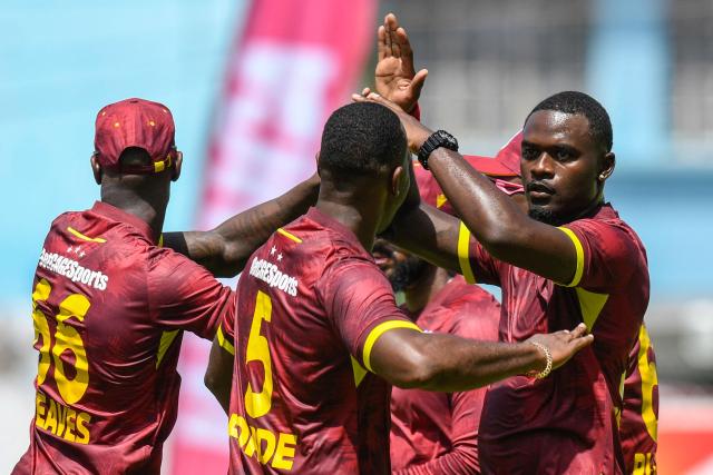 Jayden Seales (R) of West Indies celebrates the dismissal of Kamindu Mendis of Sri Lanka during the 1st One Day International (ODI) cricket match between West Indies and Sri Lanka at Sabina Park in Kingston, Jamaica, on June 3, 2026. (Photo by Randy Brooks / AFP)