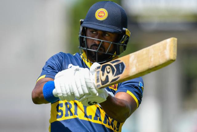 Kamindu Mendis of Sri Lanka walks off the field dismissed by Jayden Seales of West Indies during the 1st One Day International (ODI) cricket match between West Indies and Sri Lanka at Sabina Park in Kingston, Jamaica, on June 3, 2026. (Photo by Randy Brooks / AFP)
