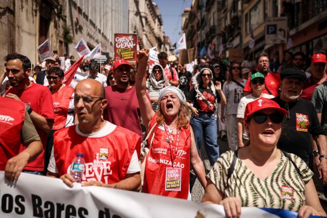 People take part in a demonstration in Lisbon on July 3, 2026, called by the main unions due to a 24-hour general strike over proposed labour reforms. The stoppage hit transport companies as well as waste collection, hospitals and schools, according to the General Confederation of Portuguese Workers (CGTP). (Photo by PATRICIA DE MELO MOREIRA / AFP)