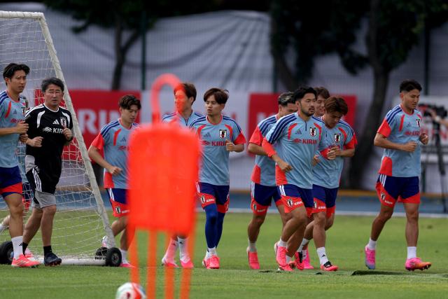 Japan's players take part in a training session at the Tigres Training Centre (CET) in San Nicolas de los Garza, near Monterrey, Mexico on June 3, 2026, ahead of the FIFA 2026 World Cup football tournament. (Photo by Julio Cesar AGUILAR / AFP)