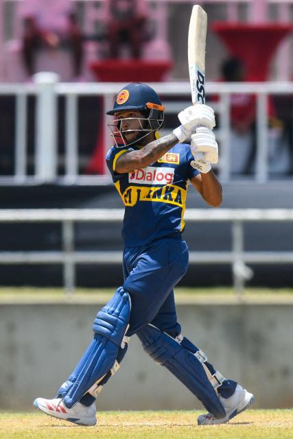 Pathum Nissanka of Sri Lanka hits 4 during the 1st One Day International (ODI) cricket match between West Indies and Sri Lanka at Sabina Park in Kingston, Jamaica, on June 3, 2026. (Photo by Randy Brooks / AFP)