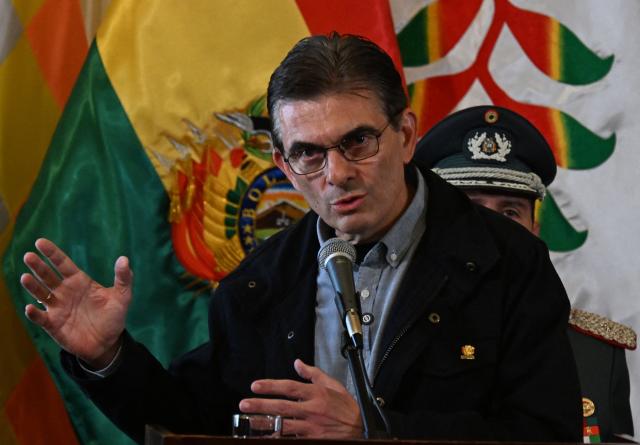 Bolivian President Rodrigo Paz speaks during the swearing-in ceremony of Ernesto Justiniano Urenda as Minister of Defense at the Government Palace in La Paz, Bolivia, on June 3, 2026. (Photo by Aizar RALDES / AFP)