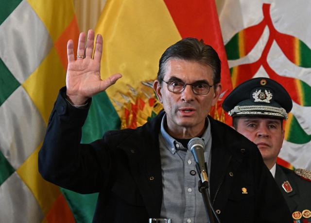 Bolivian President Rodrigo Paz speaks during the swearing-in ceremony of Ernesto Justiniano Urenda as Minister of Defense at the Government Palace in La Paz, Bolivia, on June 3, 2026. (Photo by Aizar RALDES / AFP)