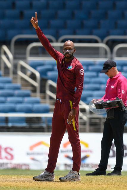 Roston Chase of West Indies celebrates the dismissal of Pavan Rathnayake of Sri Lanka during the 1st ODI match between West Indies and Sri Lanka at Sabina Park in Kingston, Jamaica, on June 3, 2026. (Photo by Randy Brooks / AFP)