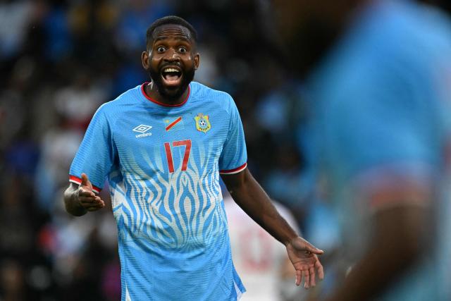 Congo's forward #17 Cedric Bakambu reacts during the international friendly football match between Denmark and DR Congo ahead of the 2026 FIFA World Cup football tournament at the Stade Maurice Dufrasne in Liege on June 3, 2026. (Photo by NICOLAS TUCAT / AFP)