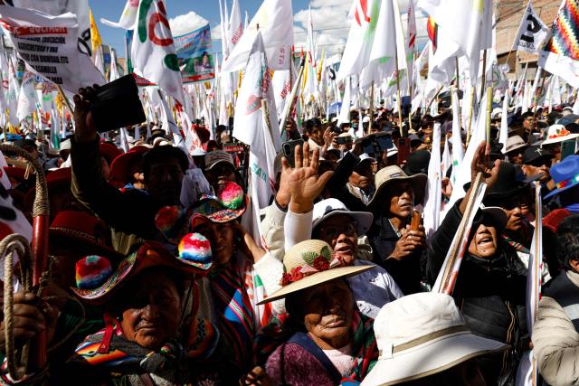 Supporters of Peru's presidential candidate for the Juntos por el Peru party, Roberto Sanchez, attend a campaign rally in Juliaca, Peru on June 3, 2026. Right-wing candidate Keiko Fujimori and leftist Roberto Sanchez will face off in Peru's presidential runoff on June 7, 2026. (Photo by Juan Carlos CISNEROS / AFP)