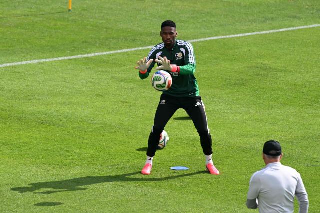 South Africa's goalkeeper Sipho Chaine takes part in a training session at Hidalgo Stadium in Pachuca, Mexico on June 3, 2026, ahead of the FIFA 2026 World Cup football tournament. (Photo by YURI CORTEZ / AFP)