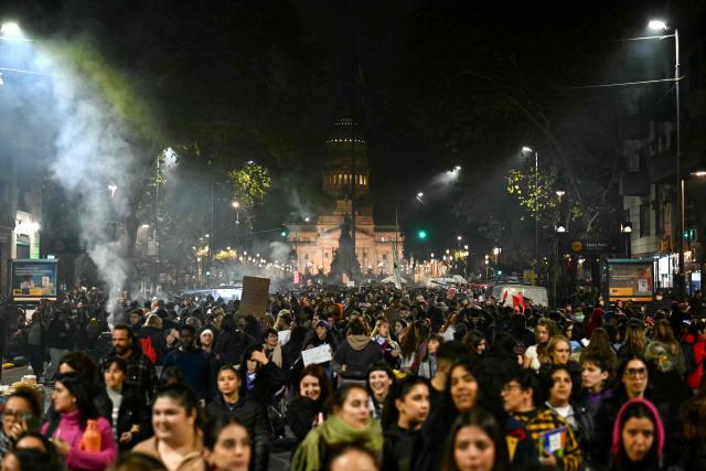 Women take part in a ‘Not One Less’ march in Buenos Aires on June 3, 2026. Thousands of people, mostly women, took to the streets across Argentina on June 3, to denounce femicides and demand public policies against gender-based violence, in marches called by the feminist movement ‘Not One Less’ amid shock over the recent killing of a teenage girl. (Photo by Luis ROBAYO / AFP)