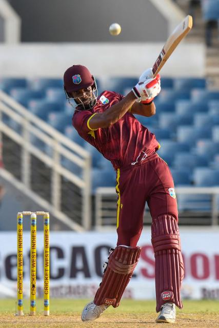 West Indies batsman Roston Chase plays a shot for four runs against Sri Lanka during the first One Day International (ODI) cricket match between West Indies and Sri Lanka at Sabina Park in Kingston, Jamaica, on June 3, 2026. (Photo by Randy Brooks / AFP)