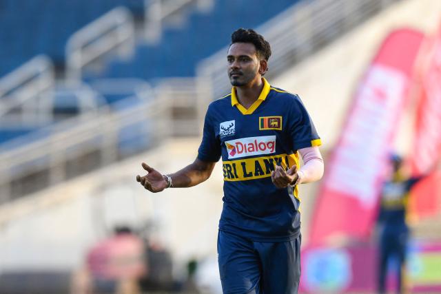 Dushmantha Chameera of Sri Lanka reacts after taking 3 wickets for 93 runs during the first One Day International (ODI) cricket match between West Indies and Sri Lanka at Sabina Park in Kingston, Jamaica, on June 3, 2026. (Photo by Randy Brooks / AFP)