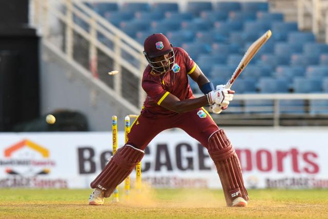 Matthew Forde of West Indies is bowled by Dushmantha Chameera of Sri Lanka during the first One Day International (ODI) cricket match between West Indies and Sri Lanka at Sabina Park in Kingston, Jamaica, on June 3, 2026. (Photo by Randy Brooks / AFP)