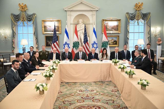 (2L/R) Israel's Ambassador to the US Yechiel Leiter, State Department Chief of Staff Daniel Holler, US Ambassador to Lebanon Michel Issa and Lebanese Ambassador to the US Nada Hamadeh attend a meeting between Israeli and Lebanese delegations hosted by the United States at the State Department in Washington, DC, on June 3, 2026. Israel and Lebanon agreed Wednesday to implement a ceasefire but said it would require a "complete cessation" of fire by Iran-backed Hezbollah, according to a joint statement after US-led talks in Washington. The two sides, which do not have formal diplomatic relations, also agreed to create "pilot zones" in which the Lebanese armed forces "will take exclusive control of the territory to the exclusion of all non-state actors." (Photo by Oliver Contreras / AFP)