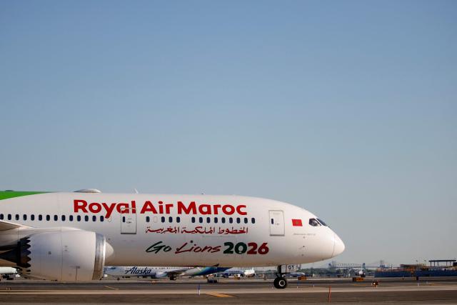 A Royal Air Maroc Boeing 787 carrying members of team Morocco arrives at Newark Liberty International Airport (EWR) in Newark, New Jersey, on June 3, 2026 ahead of the FIFA World Cup. (Photo by Leonardo MUNOZ / AFP)
