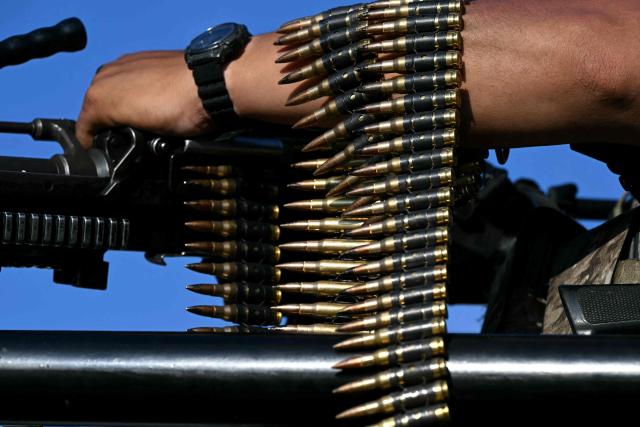 A view of machine gun bullets as a Mexican soldier patrols on a street in Pachuca, Mexico on June 3, 2026, ahead of the FIFA 2026 World Cup football tournament. (Photo by YURI CORTEZ / AFP)