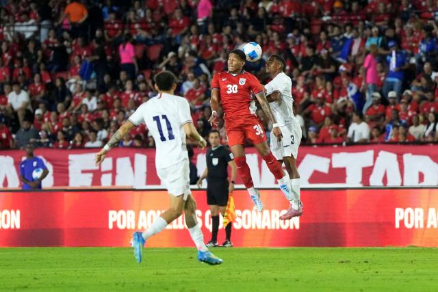 Panama's defender #30 Ivan Anderson and Dominican Republic's defender #03 Manny Rodriguez fight for the ball during the international friendly football match between Panama and Dominican Republic at the Rommel Fernandez Gutierrez Stadium in Panama City on June 3, 2026. (Photo by ARNULFO FRANCO / AFP)