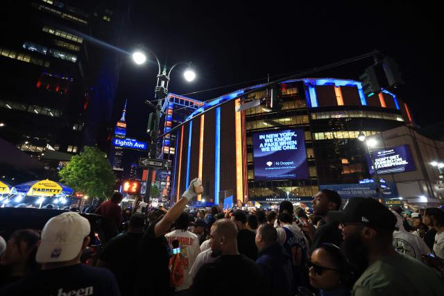 Basketball fans gather outside Madison Square Garden during Game 1 of the NBA Finals between the New York Knicks and the San Antonio Spurs, in New York City, on June 3, 2026. (Photo by TIMOTHY A.CLARY / AFP)
