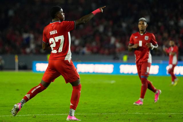Panama's midfielder #27 Kadir Barria celebrates scoring his team's fourth goal during the international friendly football match between Panama and Dominican Republic at the Rommel Fernandez Gutierrez Stadium in Panama City on June 3, 2026. (Photo by ARNULFO FRANCO / AFP)