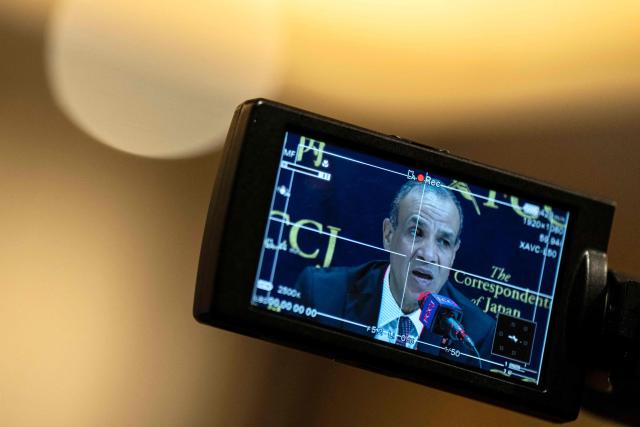 Egypt's Foreign Minister Badr Abdel Ati is seen on a video camera monitor during a press conference at the Foreign Correspondents' Club of Japan (FCCJ) in Tokyo on June 4, 2026. (Photo by Yuichi YAMAZAKI / AFP)
