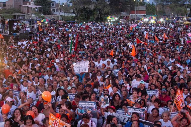 Supporters of Peru's presidential candidate for the Fuerza Popular party, Keiko Fujimori, attend her campaign rally in Sullana, Peru on June 3, 2026. Right-wing candidate Keiko Fujimori and leftist Roberto Sanchez will face off in Peru's presidential runoff on June 7, 2026. (Photo by Ralph Zapata / AFP)