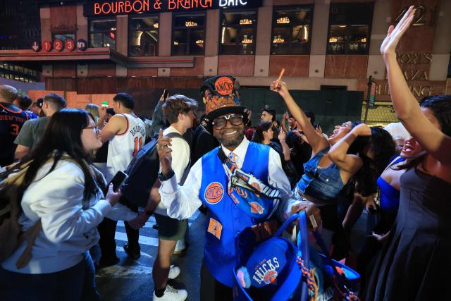 Knicks fans celebrate in New York City after the New York Knicks defeated the San Antonio Spurs in Game 1 of the NBA Finals, on June 3, 2026. (Photo by TIMOTHY A.CLARY / AFP)