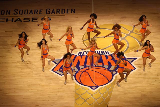 Knicks cheerleaders perform during a watch party at Madison Square Garden as the New York Knicks played the San Antonio Spurs in Game 1 of the NBA Finals, in New York City, on June 3, 2026. (Photo by TIMOTHY A. CLARY / AFP)