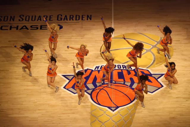 Knicks cheerleaders perform during a watch party at Madison Square Garden as the New York Knicks played the San Antonio Spurs in Game 1 of the NBA Finals, in New York City, on June 3, 2026. (Photo by TIMOTHY A. CLARY / AFP)