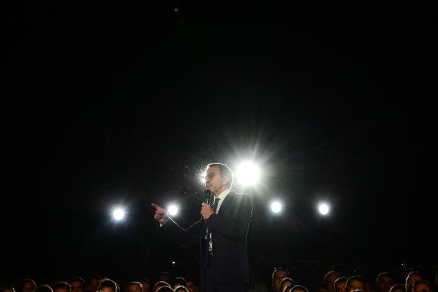 The president of French right-wing party Les Republicains (LR) and 2027 presidential election candidate Bruno Retailleau addresses the 59th congress of the Jeunes Agriculteurs farmers union at the Ainterexpo convention center in Bourg-en-Bresse, central France, on June 4, 2026. (Photo by OLIVIER CHASSIGNOLE / AFP)