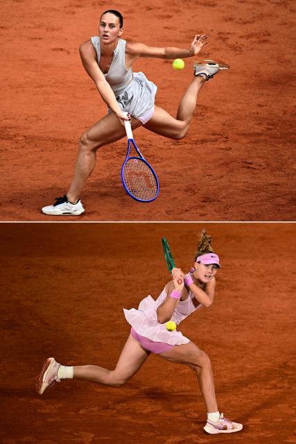 (COMBO) This combination of files pictures created on June 4, 2026 shows (from top)
Ukraine's Marta Kostyuk playing a forehand return to Poland's Iga Swiatek during their women's singles match on day 8 of the French Open tennis tournament on Court Philippe-Chatrier at the Roland-Garros Complex in Paris on May 31, 2026 and
Mirra Andreeva playing a backhand return to Romania's Sorana Cirstea during their women's quarter final singles match on day 10 of the French Open tennis tournament on Court Philippe-Chatrier at the Roland-Garros Complex in Paris on June 2, 2026.. Marta Kostyuk says she will be "very happy to represent Ukraine" when she faces Russian teenager Mirra Andreeva in the French Open semi-finals on June 4, 2026. (Photo by JULIEN DE ROSA / AFP)