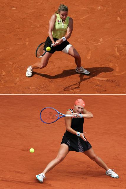 (COMBO) This combination of files pictures created on June 4, 2026 shows (from top)
Poland's Maja Chwalinska playing a backhand return to Greece's Maria Sakkari during their women's singles match on day 7 of the French Open tennis tournament on Court Simonne-Mathieu at the Roland-Garros Complex in Paris on May 30, 2026 and
Diana Shnaider playing a forehand return to Aryna Sabalenka during their women's quarter final singles match on day 11 of the French Open tennis tournament on Court Philippe-Chatrier at the Roland-Garros Complex in Paris on June 3, 2026.. In the quarter final, after battling back from a set down and being led by a double break of serve in the second by the world number one, Diana Shnaider prevailed to set up a last-four meeting with Polish qualifier Maja Chwalinska on June 4, 2026. (Photo by Dimitar DILKOFF and Anne-Christine POUJOULAT / AFP)