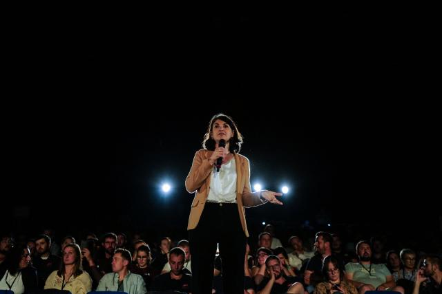 French leftist party La France Insoumise (LFI) MP Aurelie Trouve addresses the 59th congress of the Jeunes Agriculteurs farmers union at the Ainterexpo convention center in Bourg-en-Bresse, central France, on June 4, 2026. (Photo by OLIVIER CHASSIGNOLE / AFP)