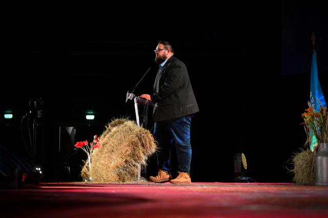 JA's newly elected president Jocelyn Dubost addresses the 59th congress of the Jeunes Agriculteurs (JA) farmers union at the Ainterexpo convention center in Bourg-en-Bresse, central France, on June 4, 2026. (Photo by OLIVIER CHASSIGNOLE / AFP)
