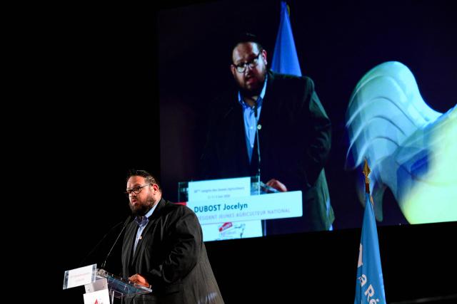 JA's newly elected president Jocelyn Dubost addresses the 59th congress of the Jeunes Agriculteurs (JA) farmers union at the Ainterexpo convention center in Bourg-en-Bresse, central France, on June 4, 2026. (Photo by OLIVIER CHASSIGNOLE / AFP)