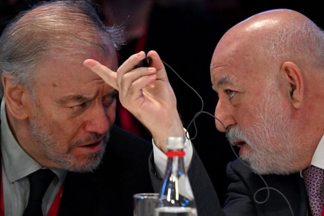 Mariinsky Theatre Artistic Director and Bolshoi Theatre General Director Valery Gergiev and Russia's oligarch Viktor Vekselberg attend the St. Petersburg International Economic Forum (SPIEF) in Saint Petersburg on June 4, 2026. (Photo by Olga MALTSEVA / AFP)