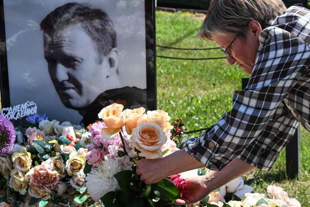 A woman lays flowers at the grave of the late Russian opposition leader Alexei Navalny to mark his 50th birthday at the Borisovo cemetery in Moscow on June 4, 2026. (Photo by Igor IVANKO / AFP) / NAVALNY HAS BEEN DECLARED "EXTREMIST" BY RUSSIAN AUTHORITIES. IN RUSSIA, ANYBODY WHO MENTIONS NAVALNY OR HIS ANTI-CORRUPTION FOUNDATION WITHOUT STATING THAT THEY HAVE BEEN DECLARED "EXTREMIST" IS SUBJECT TO FINES OR UP TO FOUR YEARS IN PRISON FOR REPEATED OFFENCES.
