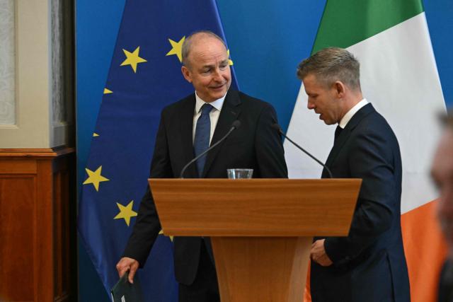 Hungary’s Prime Minister Peter Magyar (R) and Ireland's Prime Minister Micheal Martin chat at the end of a press conference at the foreign ministry in Budapest, Hungary, on June 4, 2026. Ireland will take over the rotating presidency of the Council of the EU from 1 July 2026. The bilateral talks are focused on the currently withheld funds due to Hungary and other current European issues. (Photo by ATTILA KISBENEDEK / AFP)