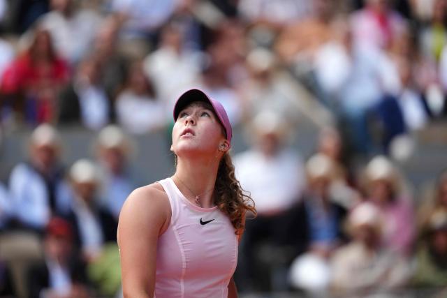 Mirra Andreeva looks up after a point against Ukraine's Marta Kostyuk during their women's semi final singles match on day 12 of the French Open tennis tournament on Court Philippe-Chatrier at the Roland-Garros Complex in Paris on June 4, 2026. (Photo by Dimitar DILKOFF / AFP)