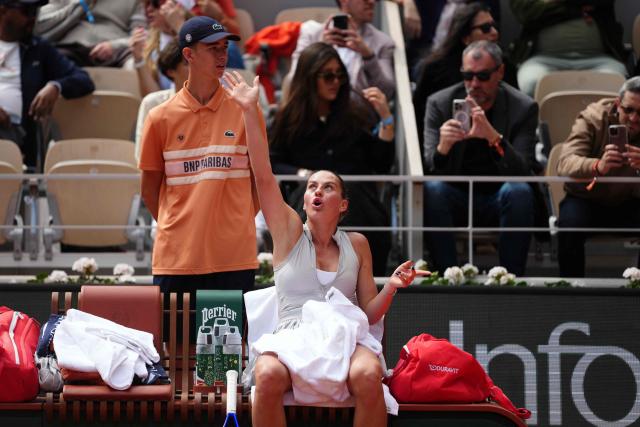 Ukraine's Marta Kostyuk reacts during a break in play in her women's semi final singles match against on day 12 of the French Open tennis tournament on Court Philippe-Chatrier at the Roland-Garros Complex in Paris on June 4, 2026. (Photo by Dimitar DILKOFF / AFP)