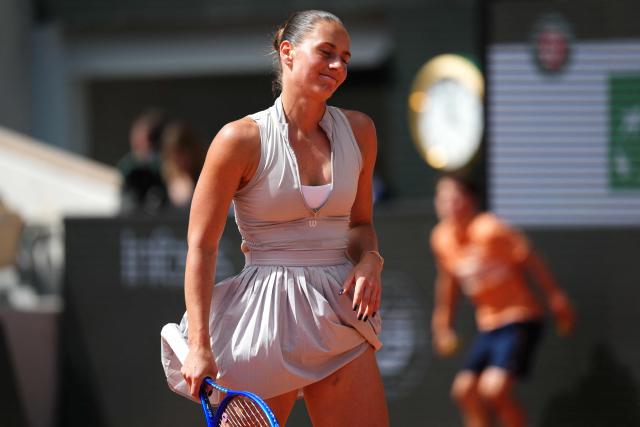 Ukraine's Marta Kostyuk reacts to a point against Mirra Andreeva during their women's semi final singles match on day 12 of the French Open tennis tournament on Court Philippe-Chatrier at the Roland-Garros Complex in Paris on June 4, 2026. (Photo by Dimitar DILKOFF / AFP)