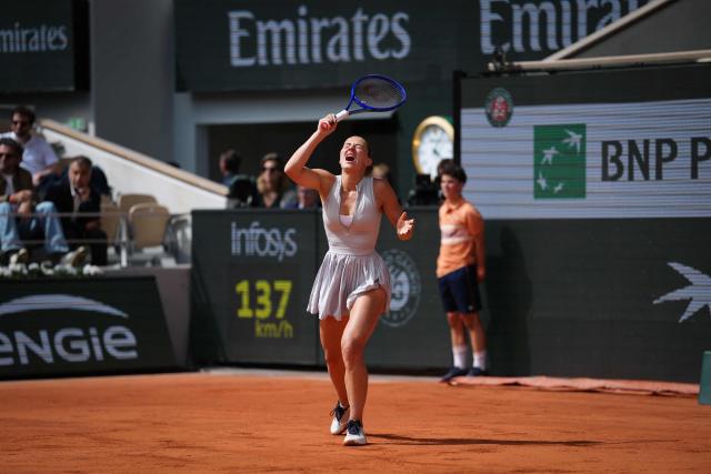 Ukraine's Marta Kostyuk reacts to a point against Mirra Andreeva during their women's semi final singles match on day 12 of the French Open tennis tournament on Court Philippe-Chatrier at the Roland-Garros Complex in Paris on June 4, 2026. (Photo by Dimitar DILKOFF / AFP)