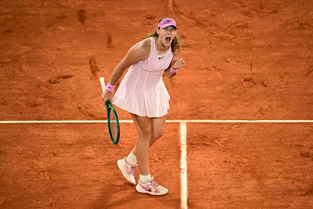 Mirra Andreeva reacts after a point as she plays against Ukraine's Marta Kostyuk during their women's semi final singles match on day 12 of the French Open tennis tournament on Court Philippe-Chatrier at the Roland-Garros Complex in Paris on June 4, 2026. (Photo by JULIEN DE ROSA / AFP)
