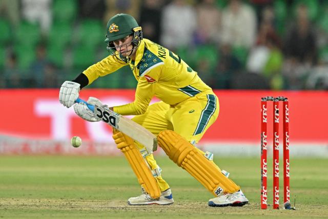 Australia's Matthew Kuhnemann plays a shot during the third one-day international (ODI) cricket match between Australia and Pakistan at Gaddafi Stadium in Lahore on June 4, 2026. (Photo by ARIF ALI / AFP)