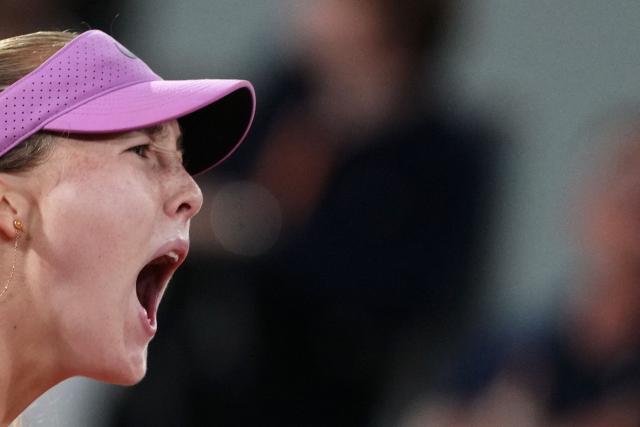 Mirra Andreeva reacts to a point against Ukraine's Marta Kostyuk during their women's semi final singles match on day 12 of the French Open tennis tournament on Court Philippe-Chatrier at the Roland-Garros Complex in Paris on June 4, 2026. (Photo by Dimitar DILKOFF / AFP)
