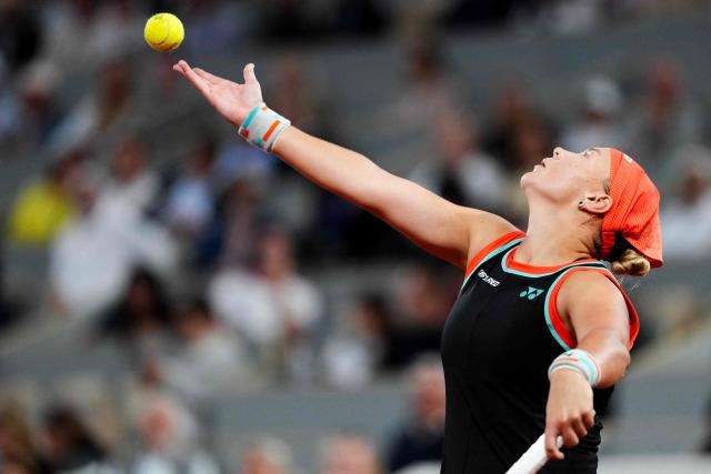 Russia's Diana Shnaider serves to Poland's Maja Chwalinska during their women's semi final singles match on day 12 of the French Open tennis tournament on Court Philippe-Chatrier at the Roland-Garros Complex in Paris on June 4, 2026. (Photo by Dimitar DILKOFF / AFP)