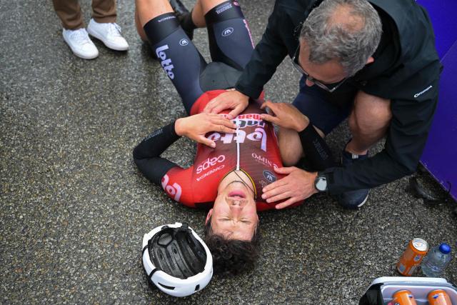 Lotto-Intermarche's Belgian rider Arnaud De Lie reacts after his victory of the 166, 7 km fourth stage of the Tour De Wallonie cycling race, from Dison to Eupen on June 4, 2026. (Photo by DAVID PINTENS / Belga / AFP) / Belgium OUT