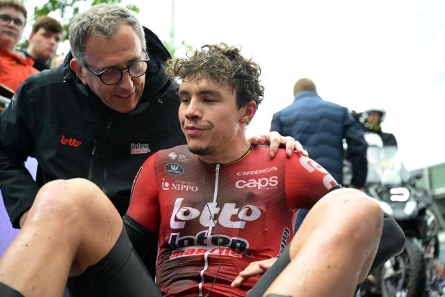 Lotto-Intermarche's Belgian rider Arnaud De Lie reacts after his victory of the 166, 7 km fourth stage of the Tour De Wallonie cycling race, from Dison to Eupen on June 4, 2026. (Photo by EMILE WINDAL / Belga / AFP) / Belgium OUT