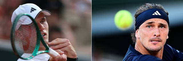 (COMBO) This combination of files pictures created on June 4, 2026 shows (from left)
Czech Republic's Jakub Mensik playing a forehand return to Australia's Alex de Minaur during their men's singles match on day 6 of the French Open tennis tournament on Court Simonne-Mathieu at the Roland-Garros Complex in Paris on May 29, 2026 and
Germany's Alexander Zverev watching the ball as he plays against Czech Republic's Tomas Machac during their men's singles match on day 4 of the French Open tennis tournament on Court Philippe-Chatrier at the Roland-Garros Complex in Paris on May 27, 2026.. The German will face on June 5, 2026 Czech youngster Jakub Mensik in the last four, with the winner of that match-up meeting either Flavio Cobolli or Matteo Arnaldi in the final. (Photo by Alain JOCARD and JULIEN DE ROSA / AFP)