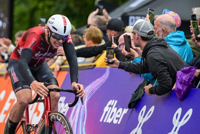 Lotto-Intermarche's Belgian rider Arnaud De Lie competes before winning the 166, 7 km fourth stage of the Tour De Wallonie cycling race, from Dison to Eupen on June 4, 2026. (Photo by DAVID PINTENS / Belga / AFP) / Belgium OUT
