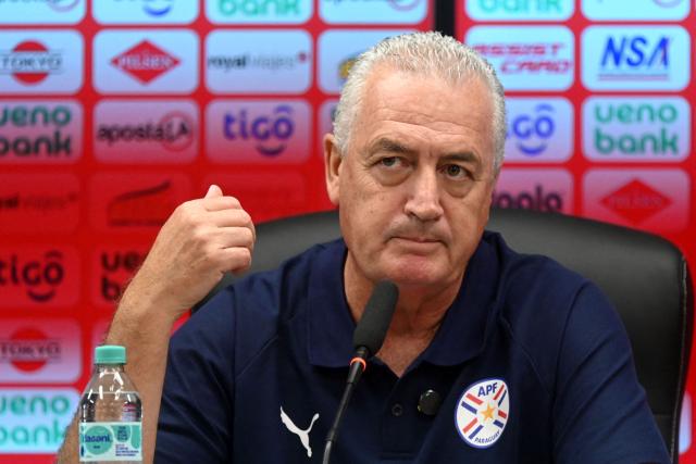 Paraguay's Argentine head coach Gustavo Alfaro gestures during a press conference at the High-Performance Center (CARDE) ahead of the friendly match against Guatemala with a view to the 2026 FIFA World Cup, in Ypane, Paraguay on May 30, 2026. (Photo by DANIEL DUARTE / AFP)