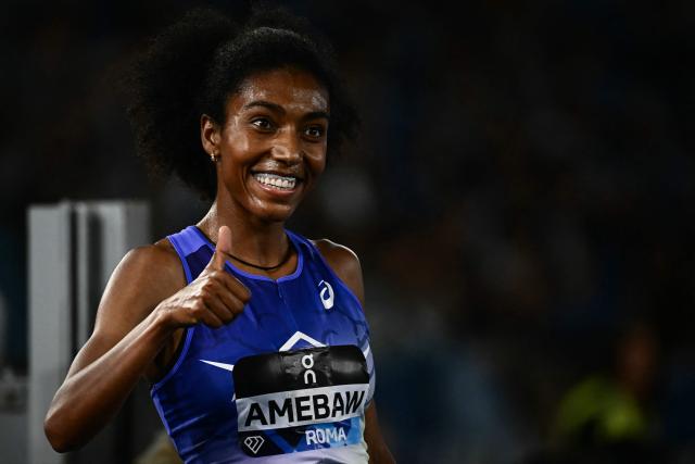 Ethiopia's Likina Amebaw celebrates after winning the women's 5000m during the IAAF Diamond League athletics meeting, at the Olympic Stadium, in Rome on June 4, 2026. (Photo by Filippo MONTEFORTE / AFP)